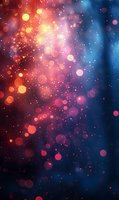 Magical glowing bokeh lights on dark blue and red gradient background with sparkles and blurred circles creating dreamy atmosphere.