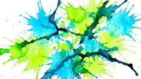 Abstract watercolor splash in vibrant blue and green tones with organic paint splatters and fluid brush strokes on white background for creative design projects.