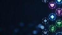 Digital healthcare technology background with glowing medical icons in hexagonal shapes including heart, cross, caduceus symbols on dark blue backdrop.
