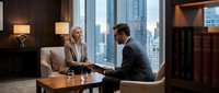 Young professional woman with blonde hair and light skin tone wearing beige blazer shaking hands with middle-aged man with dark hair and olive skin tone in business suit during corporate meeting in modern high-rise office with city skyline view.