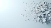 Abstract geometric composition with dispersing white triangular shapes creating dynamic movement effect against light background. For modern tech designs.