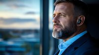 Mature businessman with gray beard wearing wireless earbuds gazes thoughtfully through window at sunset, dressed in navy suit and blue shirt. Professional portrait.
