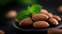 Fresh raw almonds with green mint leaf on black stone plate, dramatic lighting and shallow depth of field for gourmet food photography.