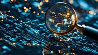 Magnifying glass focusing on digital data with glowing circuit patterns and bokeh lights creating futuristic technology concept for cybersecurity and data analysis.