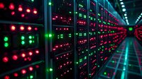 Futuristic data center corridor with rows of servers showing red and green LED status lights creating dramatic perspective. Modern technology infrastructure.