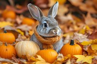 Adorable grey rabbit wearing knitted scarf surrounded by orange pumpkins and fallen autumn leaves, creating cozy fall seasonal composition for greeting cards and decor.