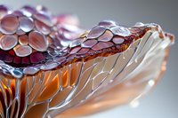 Macro photography of abstract glass art sculpture with honeycomb pattern in purple and amber tones against blurred background, showcasing intricate details and textures.