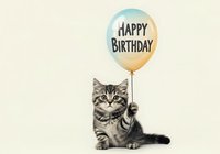 Tabby kitten holding happy birthday balloon string on cream background, isolated for greeting cards and party designs.