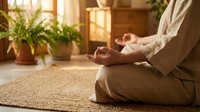 Unrecognizable person in light clothing sitting in lotus position on natural fiber mat indoors, meditating with hands in mudra gesture near potted plants and wooden furniture.