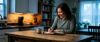 Young woman writing in notebook at wooden kitchen table with coffee cup in cozy modern home interior with warm lighting and plants.