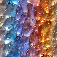 Water drops on multicolored gradient surface creating abstract pattern with blue, purple and golden tones. Macro photography shows light refraction and surface tension.