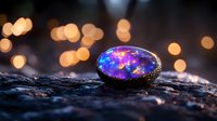 Magical opal gemstone with vibrant blue and purple colors reflecting galaxy-like patterns, placed on dark textured surface with warm bokeh lights in background.