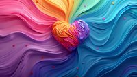Vibrant multicolored waves flow around heart shape in rainbow gradient, dynamic fluid motion with soft curves and floating particles on abstract background.