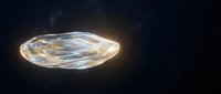 Luminous oval crystal gemstone floating in cosmic space with glowing edges and internal light reflections against starry night sky background for luxury jewelry designs.