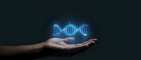 Glowing blue DNA double helix hologram floating above open human hand against dark background for genetic research and biotechnology concepts.