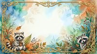 Watercolor woodland frame with raccoons, autumn leaves, and ornate gold borders, ideal for invitations, greeting cards, and nature-themed designs.