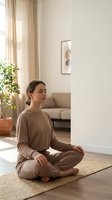 Young Caucasian woman practicing mindfulness meditation in lotus position on yoga mat in bright modern living room with natural sunlight streaming through window.