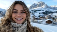Young Caucasian woman with bright smile wearing warm winter scarf and fur coat against snowy mountain landscape background with traditional alpine chalets and snow-covered peaks.