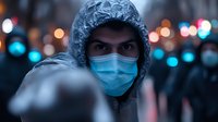 Young adult male of South Asian ethnicity wearing protective blue medical mask and clear plastic hood in crowded urban setting with bokeh lights. Healthcare worker or essential personnel during pandemic.