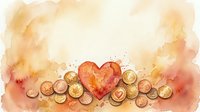 Watercolor heart with golden coins scattered around, warm orange and yellow tones, romantic wealth concept for Valentine's Day or financial love themes.