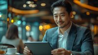 Young Asian businessman in suit working on digital tablet at night cafe with bokeh lights. Professional male entrepreneur enjoying remote work during evening coffee break.