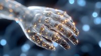 Glowing transparent hand with magical golden sparkles floating against blurred blue bokeh background, creating ethereal and mystical atmosphere.