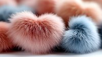 Soft heart-shaped fur pom-poms in pastel pink and blue colors on white background, macro close-up view showing delicate fluffy texture and gentle color gradient.
