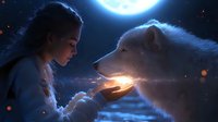Mystical encounter between young woman and white wolf under moonlight, sharing magical glowing energy, fantasy art with ethereal atmosphere and sparkles.