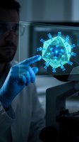 Male scientist in protective gloves examining holographic virus model on digital screen in modern laboratory for medical research and pathogen analysis.