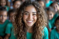 Young Hispanic woman with curly brown hair and bright genuine smile wearing turquoise shirt, with blurred group in background creating depth of field effect.