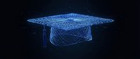Wireframe graduation cap glowing in blue light against dark background, representing digital education, online learning, and academic achievement for technology and e-learning concepts.