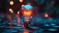 Glowing light bulb with bright orange filament on reflective surface with colorful bokeh lights in background for creative innovation concepts.