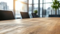 Modern wooden conference table in bright office with city view and natural light, ideal for business meetings.