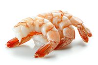 Fresh cooked shrimp tails arranged on white background, close up view of pink and white seafood with transparent red tails, isolated for culinary design.
