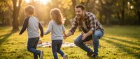 Happy father playing with two young children holding hands in sunny park during golden hour creating warm family bonding moment outdoors.