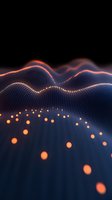 Abstract digital wave pattern with glowing orange particles and flowing lines against dark background, creating dynamic visualization of data or sound frequency.