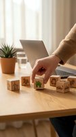 Hand selecting green house icon from wooden blocks with environmental symbols on desk with laptop for sustainable business planning.
