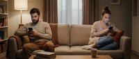 Young couple sitting on beige sofa using smartphones in modern living room with warm lighting. Man and woman focused on mobile devices at home.