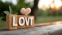 Wooden blocks spelling LOVE with pink heart and green leaves on rustic table at sunset. Romantic decoration for weddings, anniversaries and Valentine's Day celebrations.