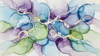 Abstract watercolor composition with flowing organic shapes in purple, blue and green tones creating dynamic movement and artistic expression for modern decor.
