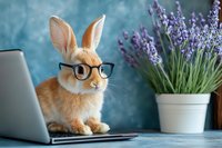 Funny rabbit wearing glasses sitting at laptop with lavender flowers in pot on blue background. Business concept with smart bunny working from home.