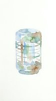 Watercolor illustration of cylindrical lantern with woven rope handles and soft blue, green, and brown washes, isolated on white background for design projects.