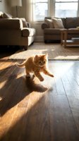 Ginger kitten walking on wooden floor in sunlit living room with upholstered furniture and windows. Suitable for pet, home decor, and lifestyle content.
