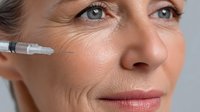 Mature Caucasian woman receiving cosmetic injection treatment near eye area, demonstrating anti-aging skincare procedure for wrinkle reduction.
