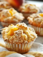 Fresh peach streusel muffins with crumbly topping and juicy fruit pieces, topped with sweet buttery crumbs on white paper liners, close up view of homemade pastry.