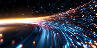 Dynamic light trails curve along glowing horizon with streaming particles in blue and orange colors creating futuristic technology motion background effect.