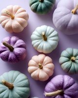 Pastel colored decorative pumpkins in pink, purple, mint and white arranged on purple background. Modern festive autumn composition for seasonal decor and marketing.