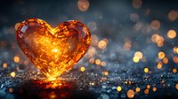 Glowing amber heart on dark surface with bokeh lights and reflections creates magical romantic atmosphere. Suitable for Valentine's designs and love themes.