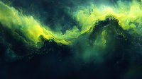 Mystical green and yellow aurora-like waves flow through dark cosmic space, creating an ethereal abstract pattern of luminous energy and celestial movement.