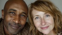 Close-up portrait of a smiling African American man and Caucasian woman with blonde hair, representing diversity, friendship, and genuine connection.